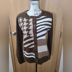 Jenny Zebra Print Houndstooth Colorblock Studded Eclectic Brown Button Cardigan